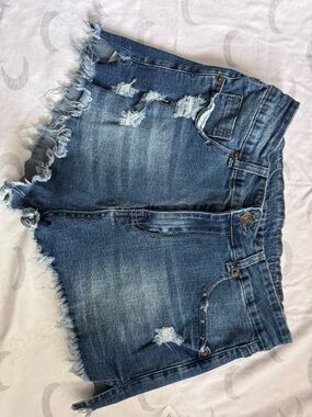 Distressed High-Waist Denim Shorts - Blue